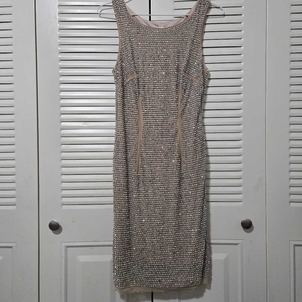 Cache Beaded Dress Tan Size XS